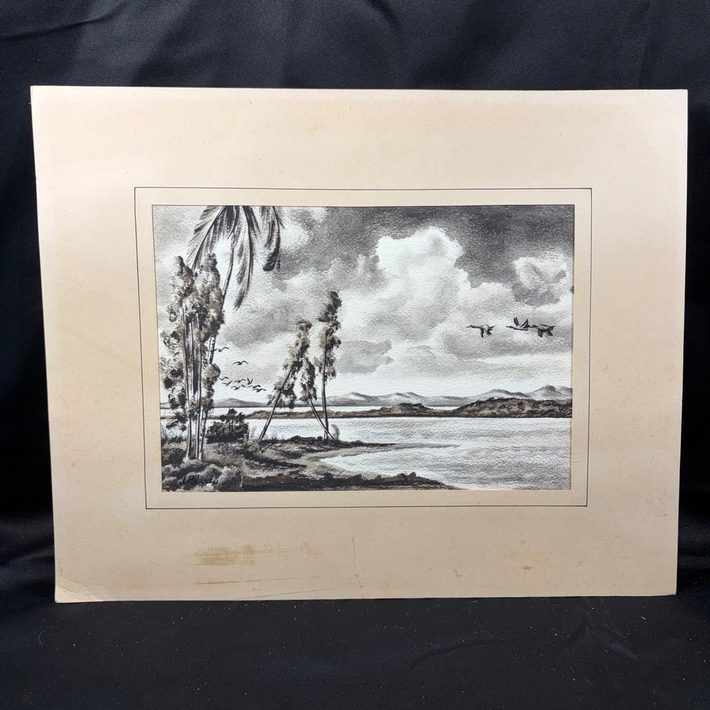 J.P. Ludu Original Painting Tropical Landscape Ducks Ink Wash Vintage Art